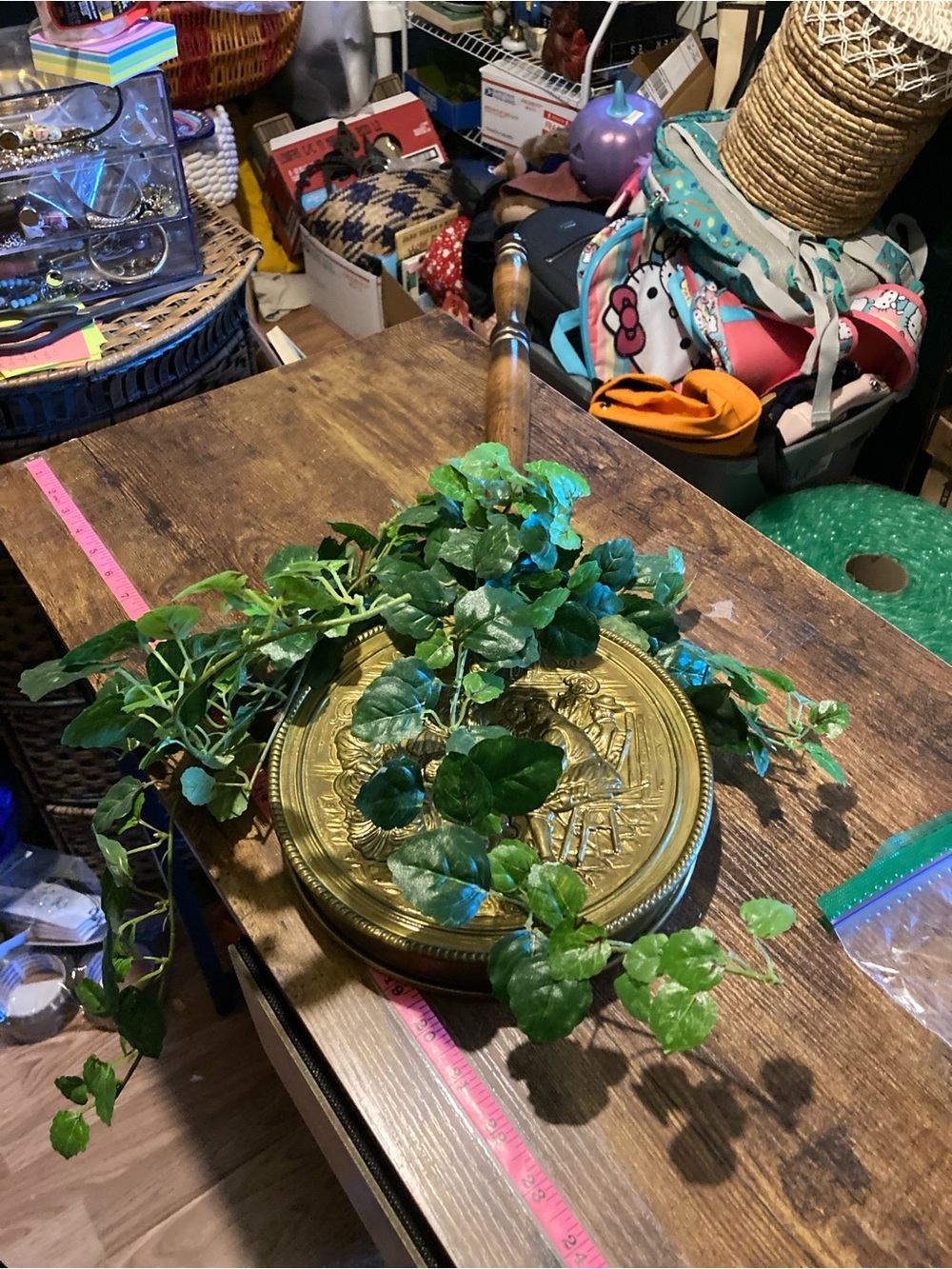 Vintage brass and wood bedwarmer/plant holder